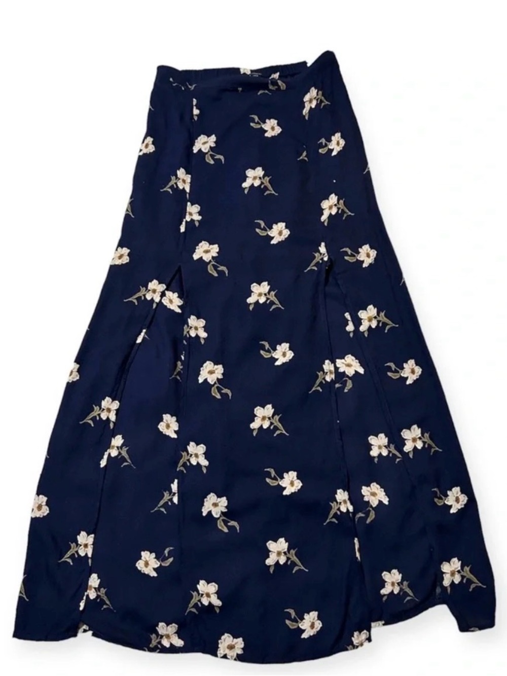 American Eagle ~ Skirt w/Front Slits ~ Navy Blue ~ Floral Maxi Skirt w/ Dogwoods